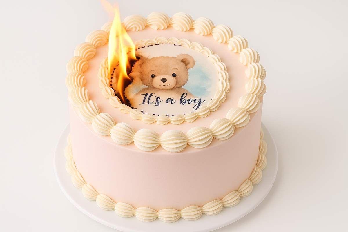 Burn-away topper after the reveal, showing the hidden message on the cake