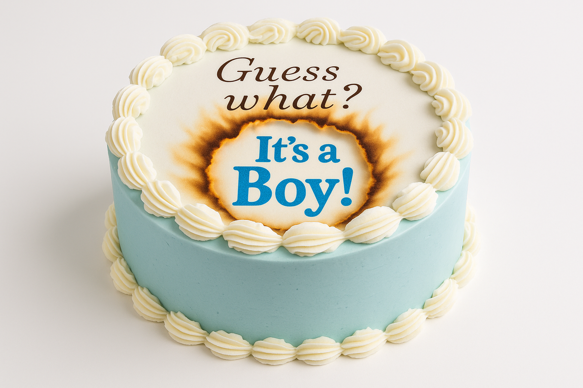 Burn-away gender reveal cake reading It's a Boy