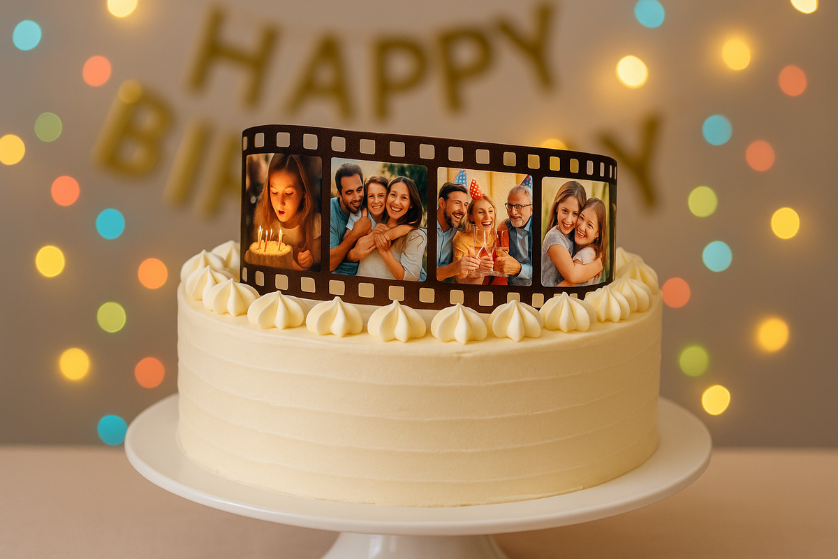 White cake wrapped with an edible film-strip photo reel topper and fairy lights