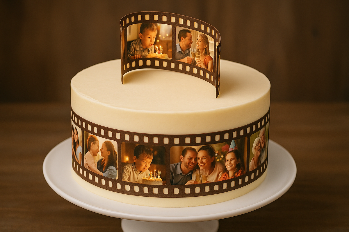 Cake wrapped with an edible film-strip of memories