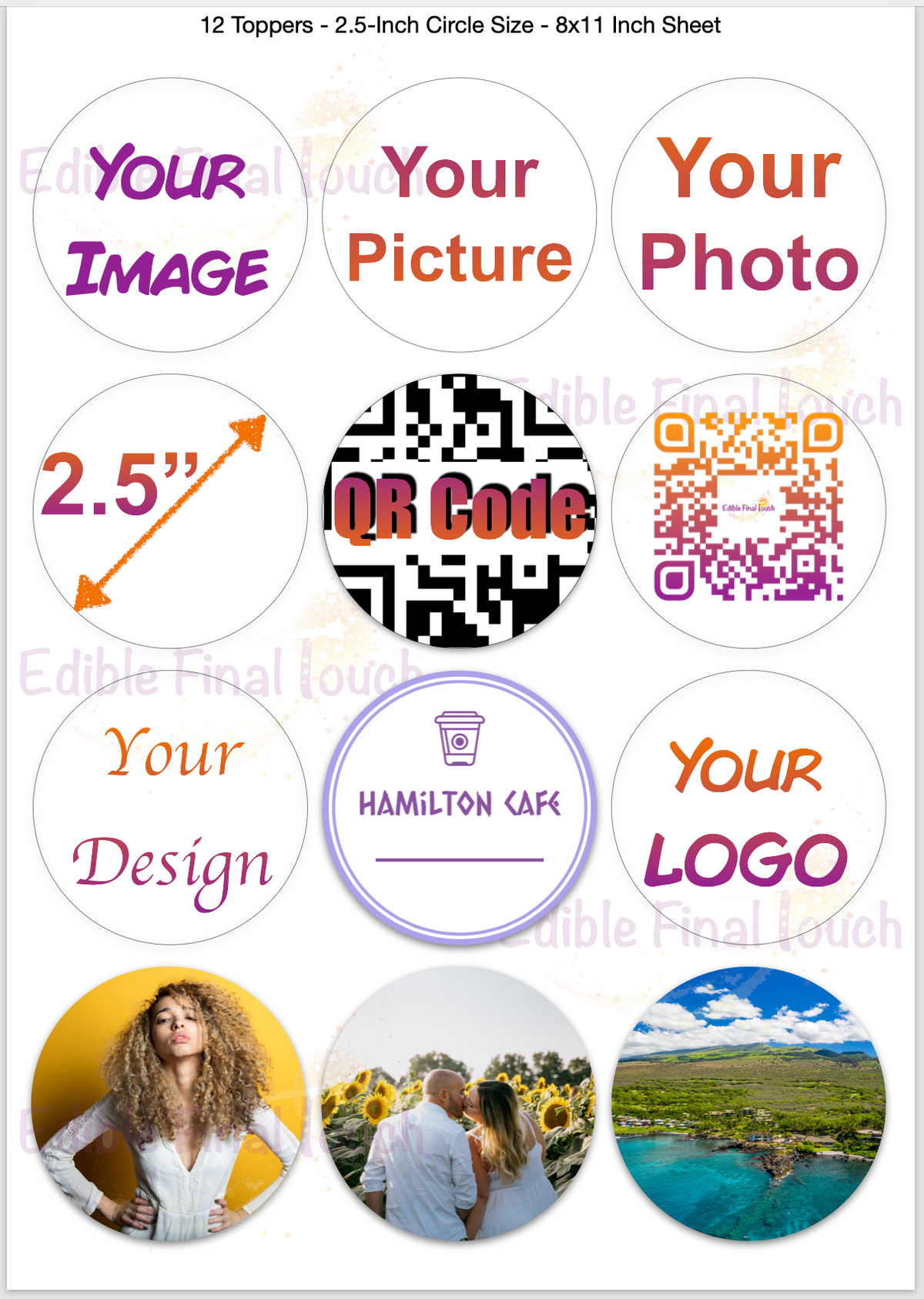Sheet of 2.5 inch round edible cupcake toppers